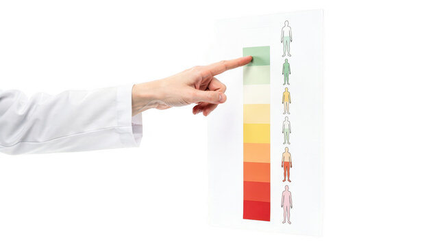 Minimalistic clinic photo showcasing a closeup of a healthcare professional pointing at a lower limb claudication severity scale chart highlighting pain levels in different colors