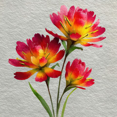 A watercolor illustration of vibrant flowers with petals in warm gradient shades of red, yellow, and orange.  