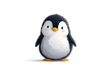 Naklejka premium Cute penguin cartoon with soft rounded shape and fluffy feathers, featuring bright orange beak and feet, standing on white background with gentle and friendly expression