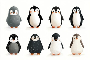 Fototapeta premium Cute penguin cartoon clipart set with rounded body design, simple facial features, and soft colors, showing various adorable poses and expressions in playful style