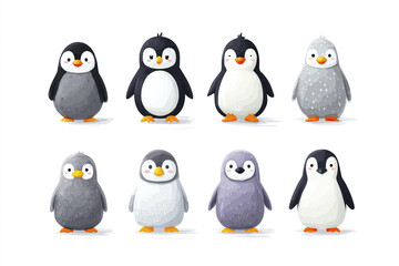 Obraz premium Cute penguin cartoon clipart set with rounded body design, simple facial features, and various colors, perfect for playful and cheerful winter or animal themed projects