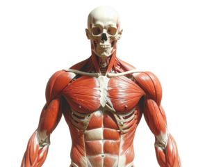 Combined muscle and bone anatomy view Semi-transparent muscles revealing underlying skeleton, medical textbook style