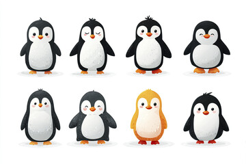 Fototapeta premium Cute penguin cartoon clipart set with rounded body design and simple facial expressions, featuring black and white and one yellow penguin, playful and charming characters