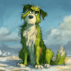 An illustration of a sad green dog with expressive eyes, sitting in a cold winter landscape outdoors.  