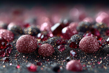 An abstract macro scene with a scattering of dark and scarlet crystals, sparkling spheres, and faceted particles on a velvety black surface.  
