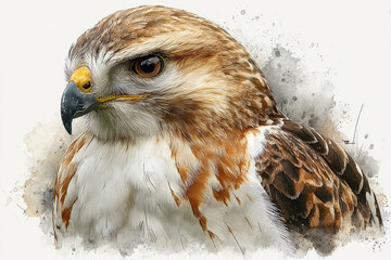 An artistic portrait of a bird of prey, executed in watercolor and illustration. 
