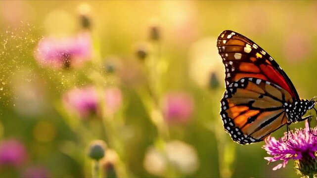 Ephemeral Flight A close-up tracking shot of a single monarch butterfly gracefully flitting through a sun-drenched meadow, leaving a visible, shimmering dust trail behind its wings.