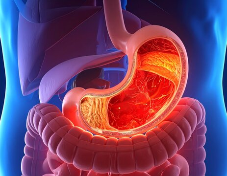 Close-up view showing mucosa, submucosa, muscularis, and serosa of the stomach