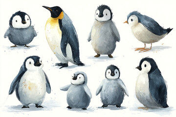 Obraz premium Penguin character illustration in various natural poses with different sizes and expressions, featuring mix of adult and baby penguins in charming and playful style