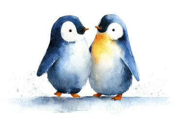 Fototapeta premium Two adorable penguin couple illustration in watercolor style with gentle expression, soft blue and orange hues, standing close on white background, evoking warmth and charm