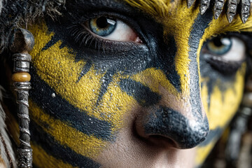 An artistic portrait of a man with expressive ethnic body art in a black and gold color scheme. 