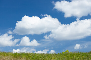 Bright blue sky with fluffy white clouds above a grassy field, showcasing a serene natural landscape ideal for outdoor themes and nature-related projects © Vlad Yakubovskiy