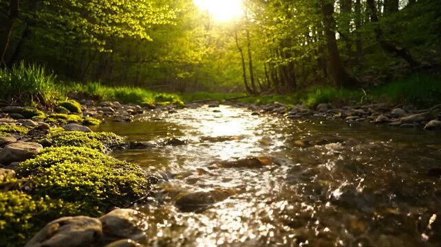 Sunlight on Water Close-up of golden hour sunlight dappling and shimmering intensely on the surface of a clear, shallow brook, creating dancing, sparkling reflections over smooth stones.