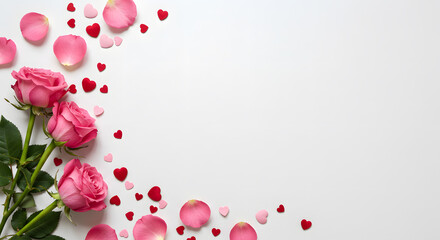 "A romantic flat lay featuring three pink roses surrounded by heart-shaped confetti and rose petals, perfect for love-themed celebrations."