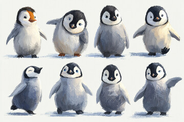 Obraz premium Cute baby penguin illustration set with various poses and expressions, showing playful and curious emotions in soft, painterly style on light background