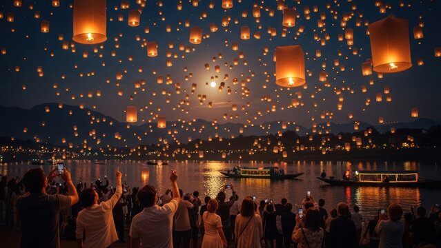 People releasing floating lanterns over water at night