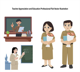 Teacher Appreciation and Education Professional Flat Vector Illustration. Male and female teachers standing and teaching in classroom, holding books and flowers as appreciation symbol.