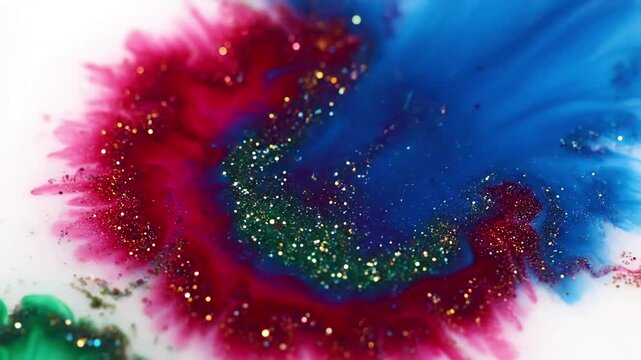 Color Bloom and Texture Witness the vibrant interaction of different colored inks blooming and spreading, with fine sparkling particles contributing to a magical, textured surface effect.