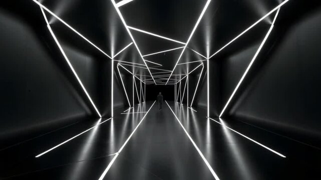 A futuristic neon light corridor with abstract geometric patterns and a sense of depth and perspective