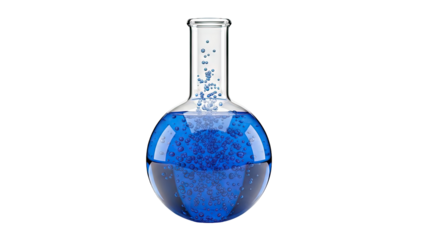 Round bottom flask with blue liquid and bubbles