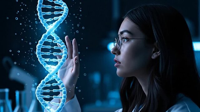 Unraveling the Code: A focused scientist gazes at a glowing DNA model, symbolizing innovation and scientific discovery, representing the relentless pursuit of knowledge in a modern laboratory.