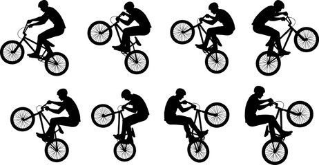 Obraz premium BMX bike stunt silhouette collection featuring freestyle cycling tricks, extreme sports action poses, black and white vector illustration isolated background