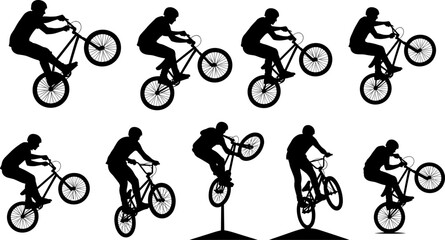 Obraz premium BMX bike stunt silhouette set showing extreme cycling tricks and freestyle action poses, urban street sport concept, black and white vector illustration isolated on white background