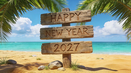 The text carved into the wood reads HAPPY on the top plank, NEW YEAR on the middle plank, and 2027 on the bottom plank. Happy New Year, New Year