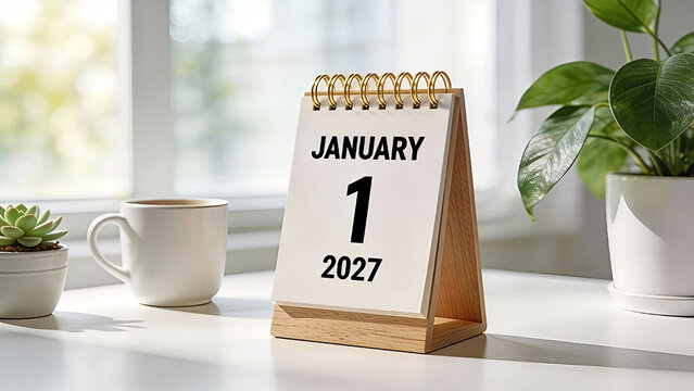 The paper page features clear, bold black typography reading JANUARY 1 2027. Happy New Year, New Year