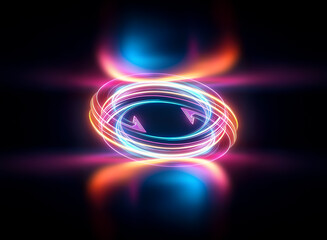 Glowing neon lines form a vibrant, swirling circular arrow reflecting on a dark surface.  The dynamic energy is captivating.