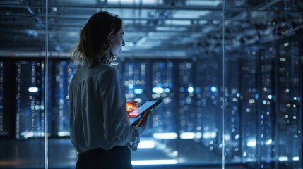 Female IT Specialist Using Digital Tablet in Modern Data Center Server Room with Blue Lighting