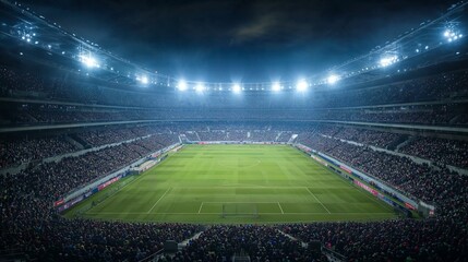 Obraz premium Modern soccer stadium at night with bright floodlights illuminating the green pitch and a large crowd of spectators during a major sports event.