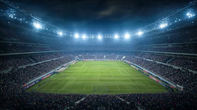 Modern soccer stadium at night with bright floodlights illuminating the green pitch and a large crowd of spectators during a major sports event.