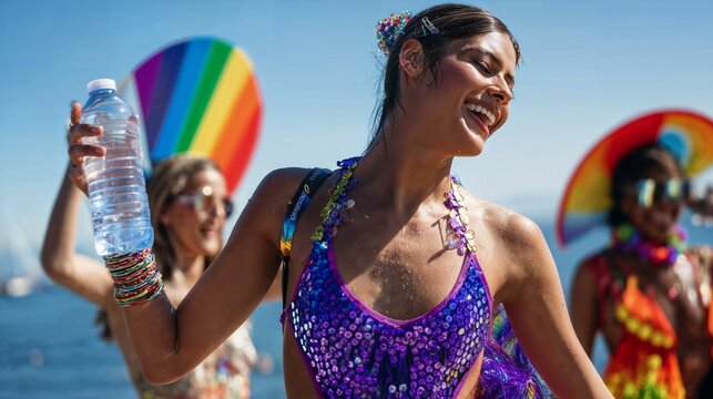 Joyful young woman in a purple sequin bikini dancing and celebrating at a summer pride festival or beach party with rainbow accessories.