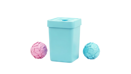 Blue trash can with crumpled paper balls