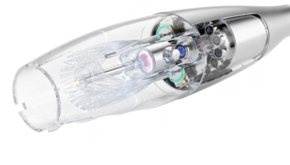 Cutaway view of a transparent endoscope tip revealing internal light fibers and camera modules focused on detailed mucosal inspection against a white background.