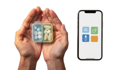 Hands gently holding a compact pill organizer next to a phone screen showing a morning medication alert capturing the importance of consistent GERD treatment at dawn.