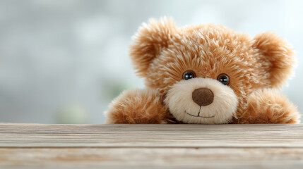 A cute, fluffy teddy bear peeks over a wooden surface, exuding warmth and friendliness with its big eyes and soft fur, perfect for a cozy atmosphere.
