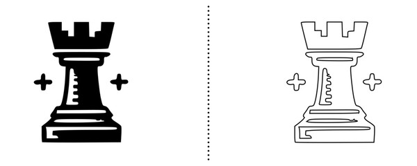 Chess rook piece icon symbolizing defense, stability and strategic protection, castle chess figure board game vector illustration, solid and outline style isolated on white background © TheDesignChapter