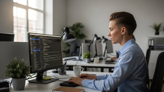 Man Working on Computer in Office.