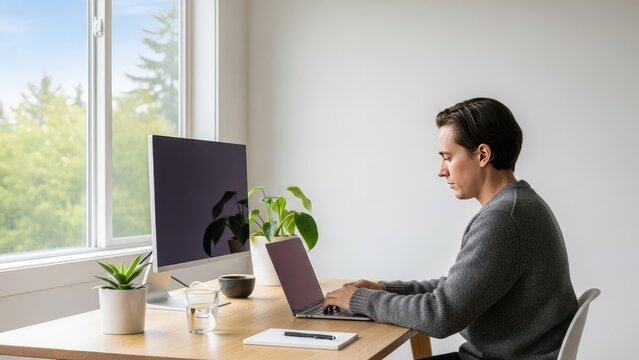 Man Working on Laptop at Desk.