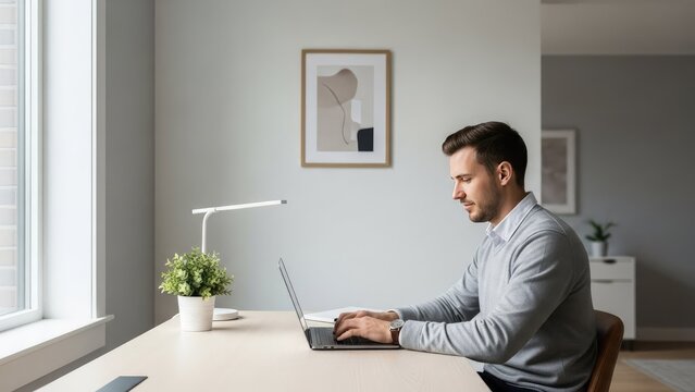Man working on laptop at home office desk.