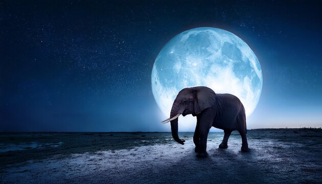 Elephant At Night In Front Of The Moon