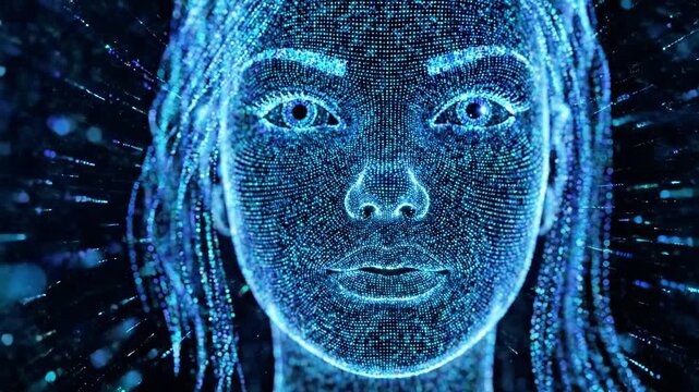 A digital, blue-tinted image of a woman's face composed of tiny pixels