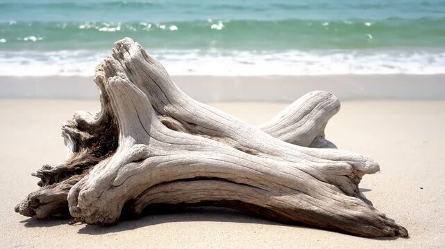 Intricate Driftwood Detail Macro perspective showcasing unique textures, grain, and weathered patterns of the wood.