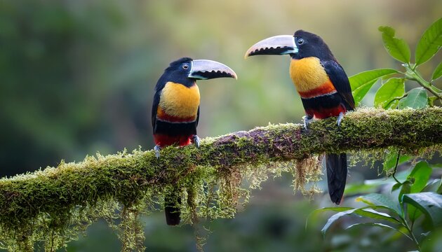 Two Collared Aracaris Perched On Mossy Branch In Rainforest