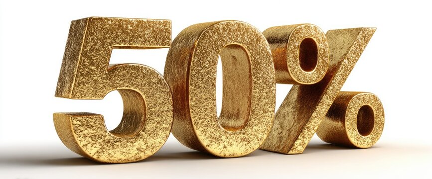 A 3D render of the numerical value 50% in a textured, gold-colored style, with a slightly blurred background of white