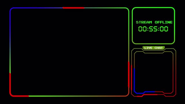 Gaming Stream Offline Webcam Overlay Animation Loop, HUD Interface with Countdown Timer and Live Chat Boxes, Sci-Fi Digital RGB Design 4k video animation seamless loop