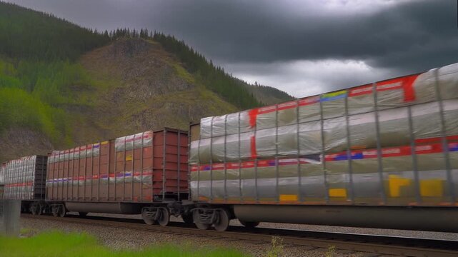 Freight train moving through dramatic landscape, containers carrying goods