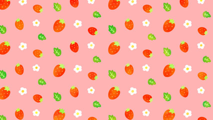苺とお花のパターン背景イラスト